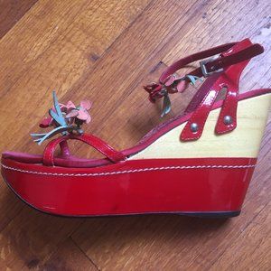 Prada Red Patent Wood Platforms Leather Flowers